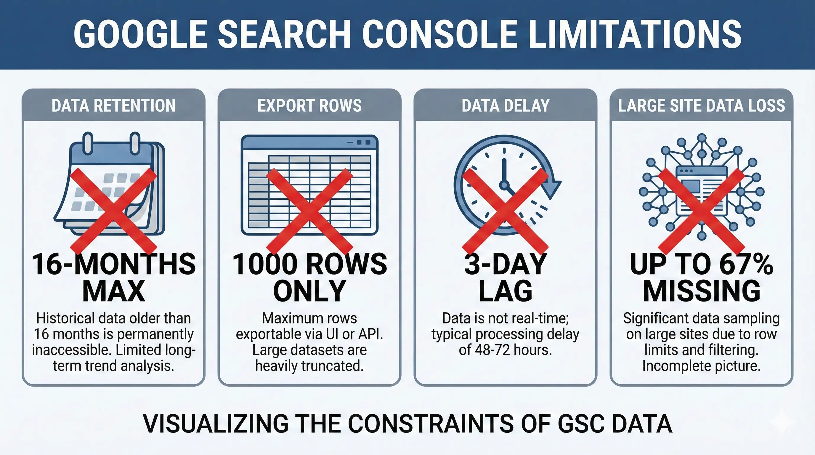 Infographic showing Google Search Console limitations: 16-month data retention, 1000-row export limit, 3-day data delay, and 67% data loss on large sites